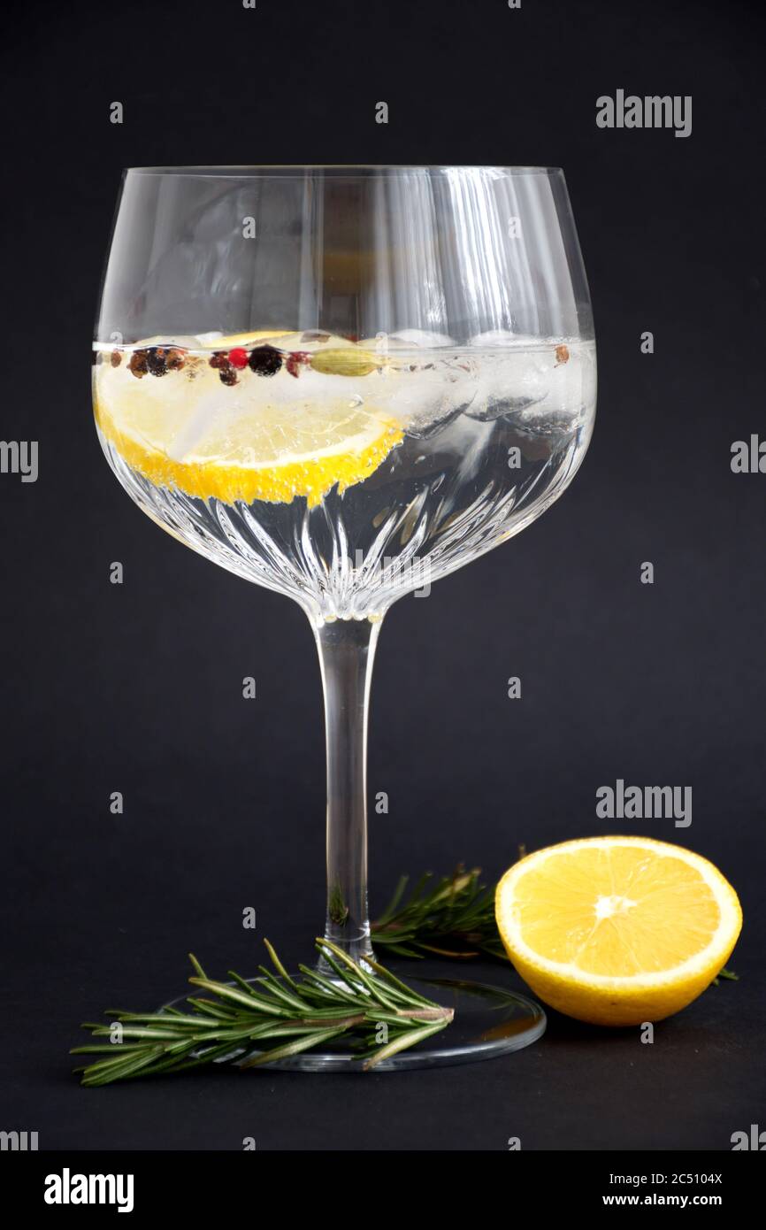 Gin and tonic with lemon and rosemary in crystal glass against the black background Stock Photo