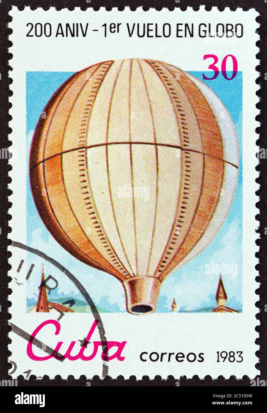 CUBA - CIRCA 1983: A stamp printed in Cuba from the 'Bicentenary of Manned Flight' issue shows Montgolfier unmanned balloon, circa 1983. Stock Photo
