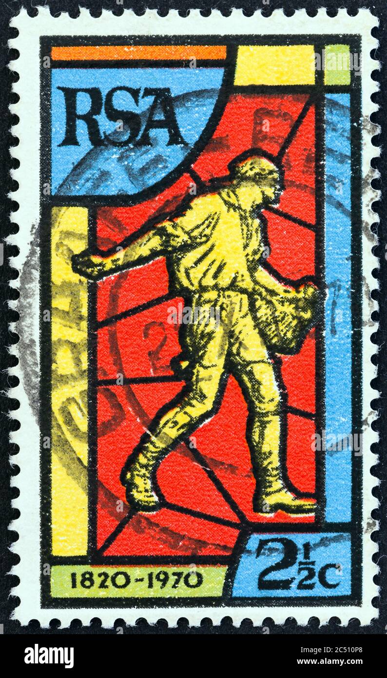 OUTH AFRICA - CIRCA 1970: A stamp printed in South Africa issued for the 150th anniversary of Bible Society of South Africa shows the Sower Stock Photo