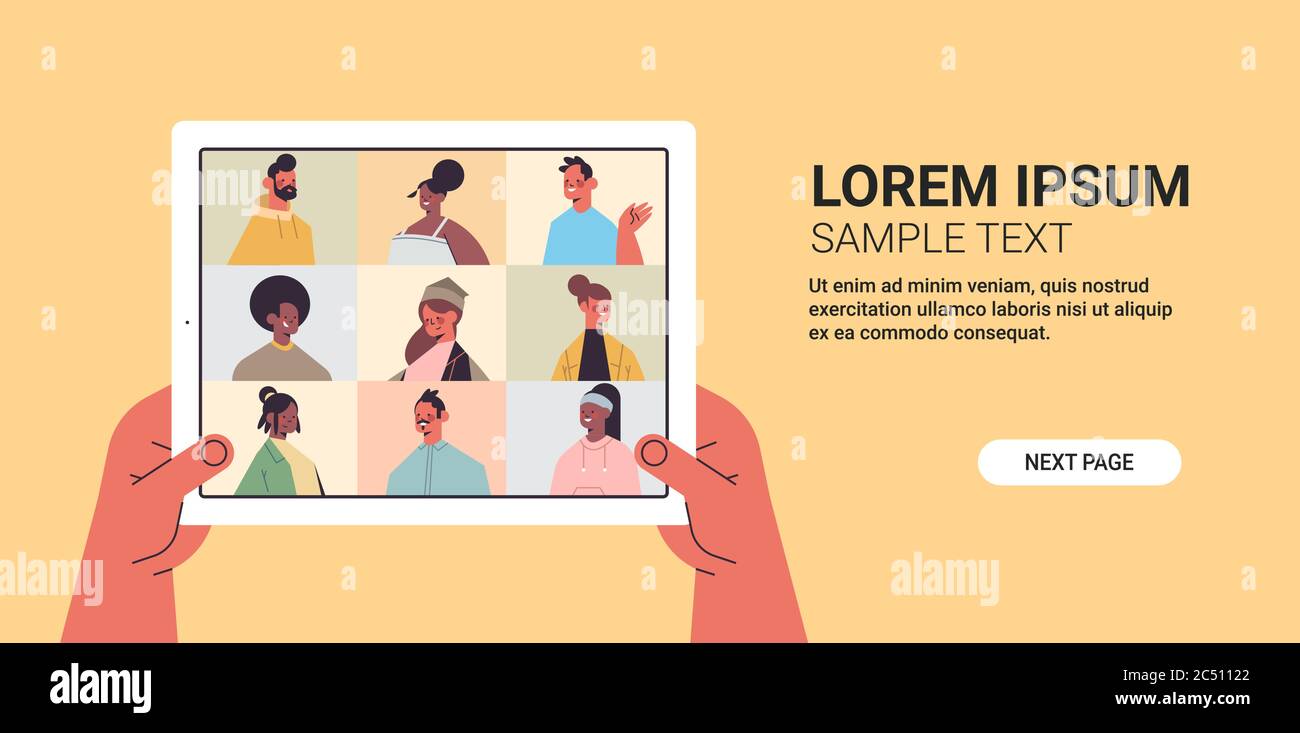 human hands using tablet pc chatting with mix race friends during video call people having virtual live conference communication self isolation concept horizontal copy space vector illustration Stock Vector