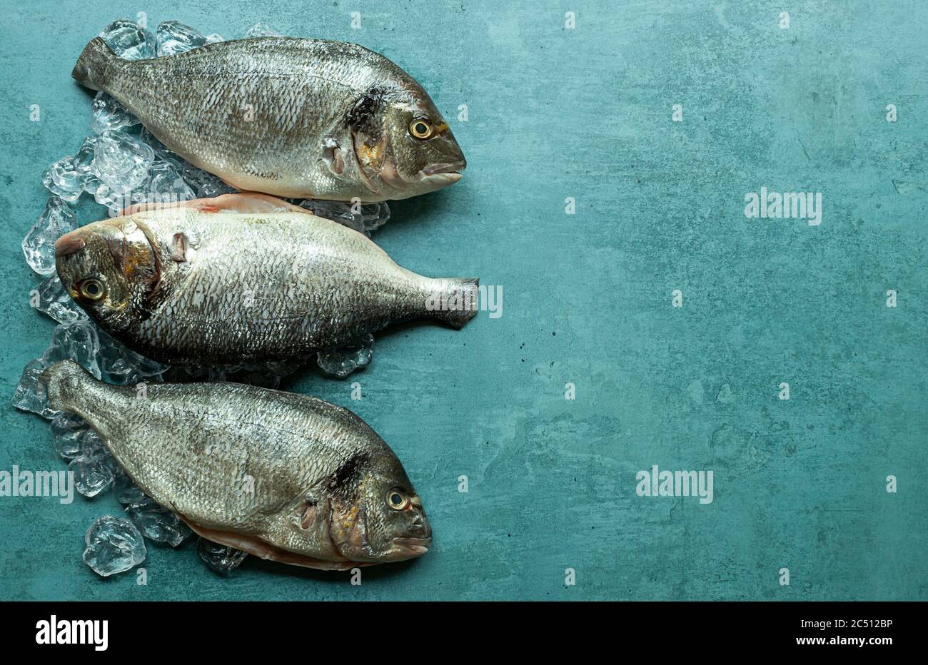 Raw fresh organic dorado or sea bream on ice cubes  Stock Photo