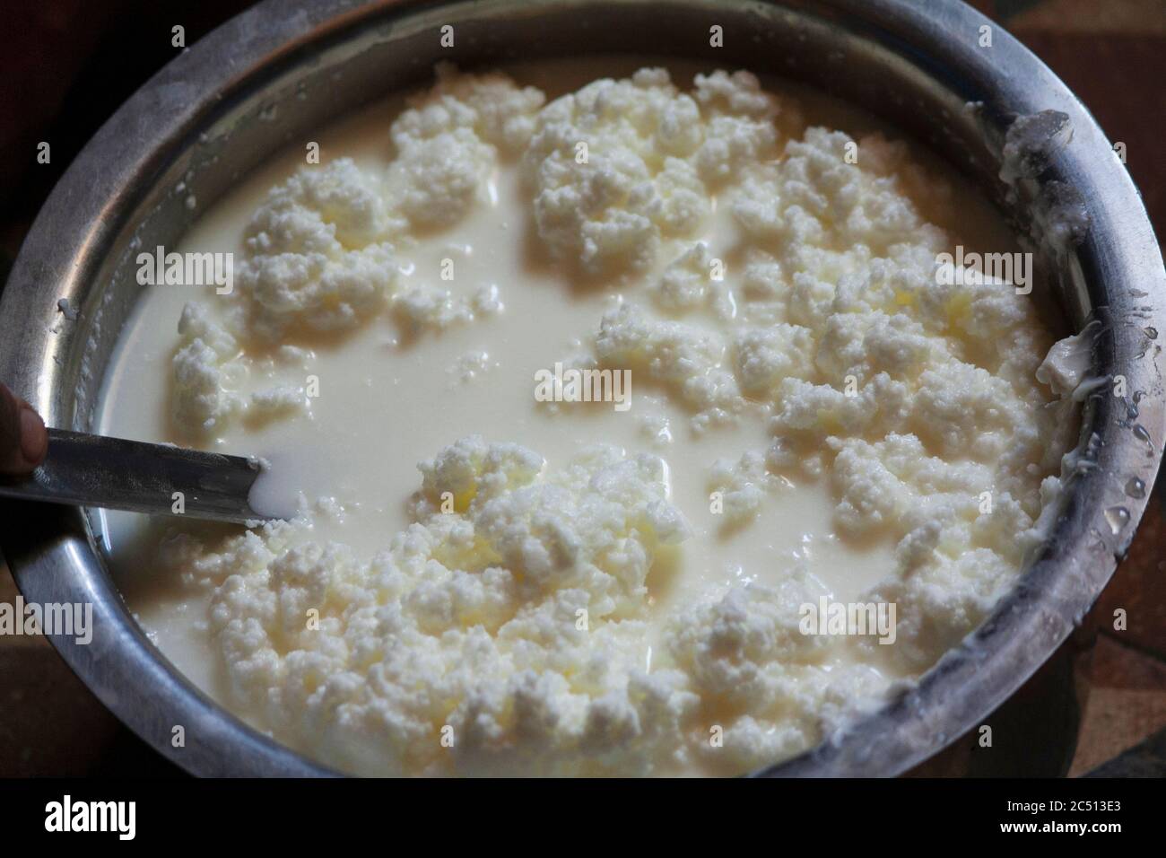 Curdling process of milk to Curd, Buttermilk , Separation Stock Photo