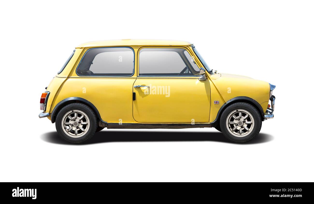 Classic sport British mini car side view isolated on white Stock Photo