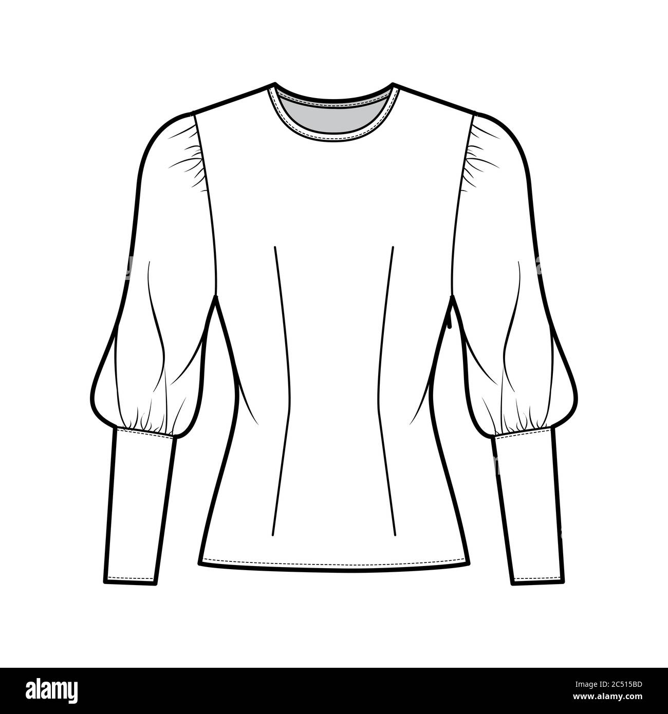 Blouse technical fashion illustration with round neckline, puffy mutton sleeves, fitted body, side zip fastening. Flat apparel template front white color. Women, men unisex CAD garment designer mockup Stock Vector