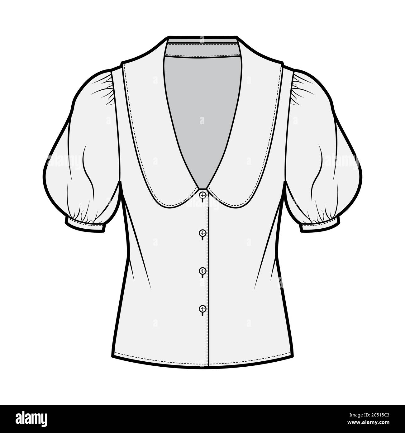 Blouse technical fashion illustration with collar framing the plunging V neck, oversized medium puffed sleeves and body. Flat apparel template front grey color. Women, men unisex garment CAD mockup Stock Vector