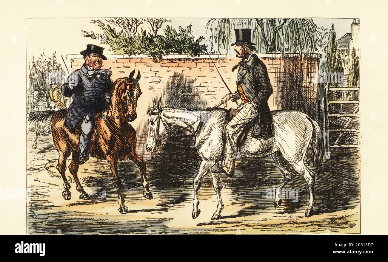 English gentleman on an old nag rejected by a man on a bay horse. Mr. Jack Bunting rejected. Handcoloured steel engraving after an illustration by John Leech from Robert Smith Surtees’ Plain or Ringlets?, Bradbury and Evans London, 1860. Leech (1817-1864) was an English caricaturist and illustrator best known for his work for Punch magazine. Stock Photo