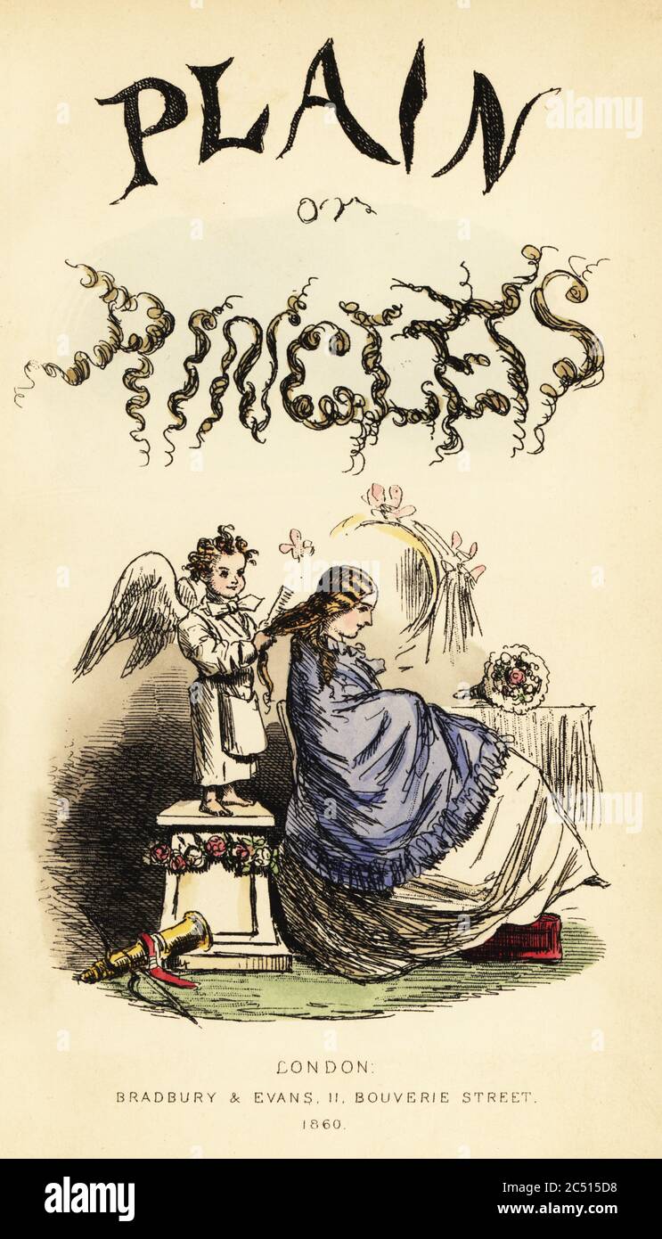 Title page with calligraphic title and vignette of winged cherub hairdresser brushing a girl’s hair with a comb. Handcoloured steel engraving after an illustration by John Leech from Robert Smith Surtees’ Plain or Ringlets?, Bradbury and Evans London, 1860. Leech (1817-1864) was an English caricaturist and illustrator best known for his work for Punch magazine. Stock Photo