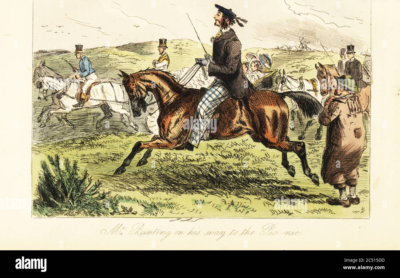 English gentleman with whiskers in tam o’shanter cap riding a horse on his way to a picnic in the country. A carriage with ladies behind him, and a peasant in smock in the foreground. Mr. John Bunting on his way to the Pic-nic. Handcoloured steel engraving after an illustration by John Leech from Robert Smith Surtees’ Plain or Ringlets?, Bradbury and Evans London, 1860. Leech (1817-1864) was an English caricaturist and illustrator best known for his work for Punch magazine. Stock Photo
