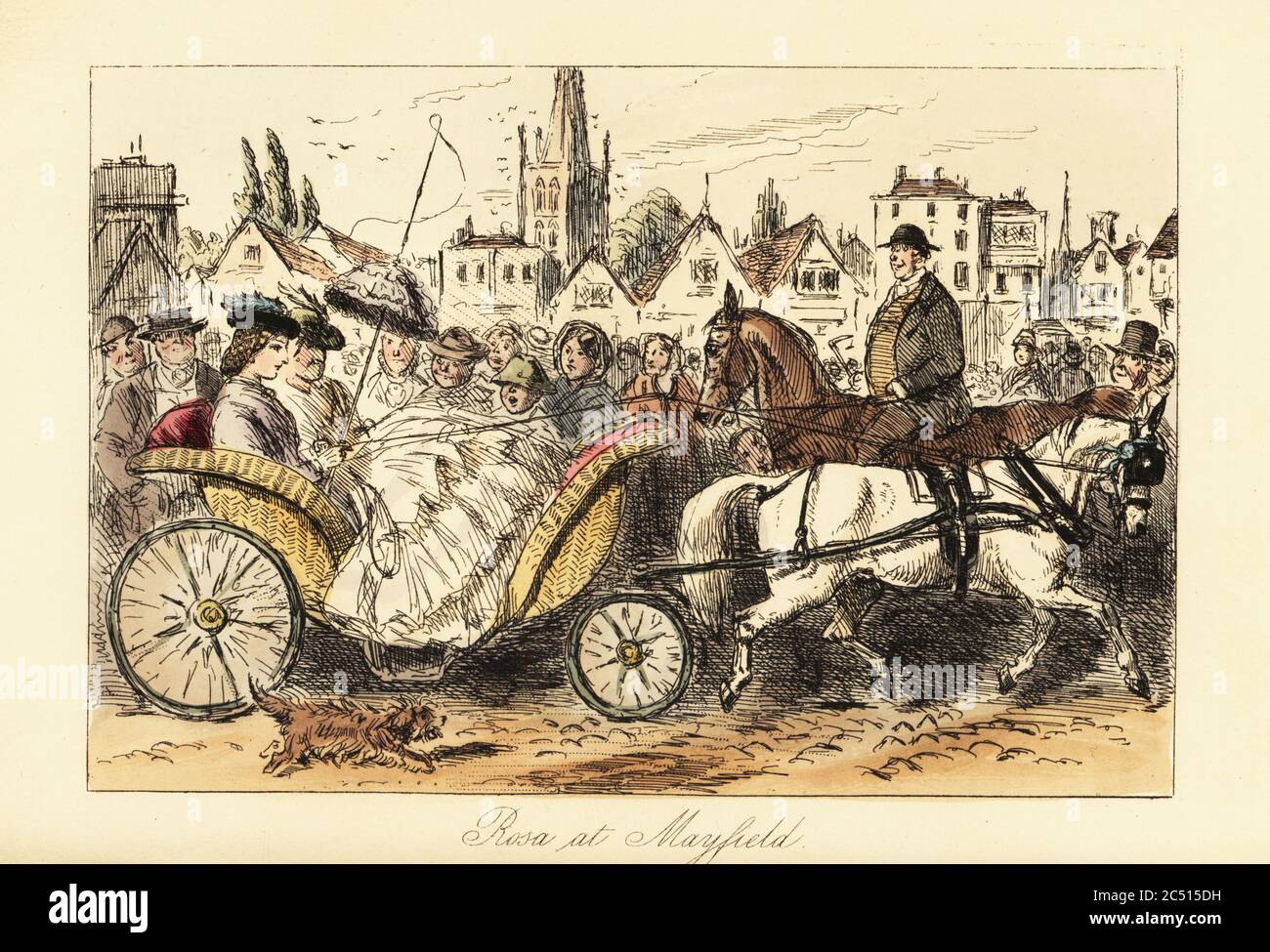 English lady in crinoline dress with parasol driving a pony-drawn basket-carriage through the busy streets of a small town. The whole town staring at her and her mother. Rosa McDermott at Mayfield. Handcoloured steel engraving after an illustration by John Leech from Robert Smith Surtees’ Plain or Ringlets?, Bradbury and Evans London, 1860. Leech (1817-1864) was an English caricaturist and illustrator best known for his work for Punch magazine. Stock Photo