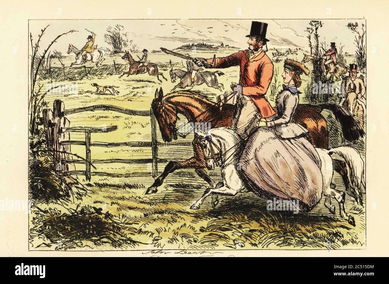 English lady riding sidesaddle in a fox hunt, 19th century. Lord Marchhare points out the fox and hounds to Rosa McDermott. Rosa and the Earl. Handcoloured steel engraving after an illustration by John Leech from Robert Smith Surtees’ Plain or Ringlets?, Bradbury and Evans London, 1860. Leech (1817-1864) was an English caricaturist and illustrator best known for his work for Punch magazine. Stock Photo