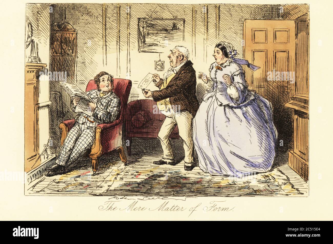 English gentleman lounging in a parlour in front of the fireplace with his outraged parents. Jasper Goldspink reading a newspaper, harassed by his parents for non-payment of a large gambling debt. The mere matter of form. Handcoloured steel engraving after an illustration by John Leech from Robert Smith Surtees’ Plain or Ringlets?, Bradbury and Evans London, 1860. Leech (1817-1864) was an English caricaturist and illustrator best known for his work for Punch magazine. Stock Photo