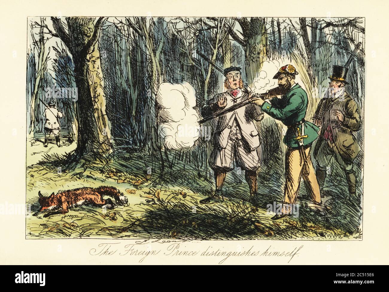 German aristocrat killing a fox in error at a shooting party, 19th century. The Duke of Tergiversation aiming his rifle at a fox rather than game in front of English beaters. The foreign prince distinguishes himself. Handcoloured steel engraving after an illustration by John Leech from Robert Smith Surtees’ Plain or Ringlets?, Bradbury and Evans London, 1860. Leech (1817-1864) was an English caricaturist and illustrator best known for his work for Punch magazine. Stock Photo