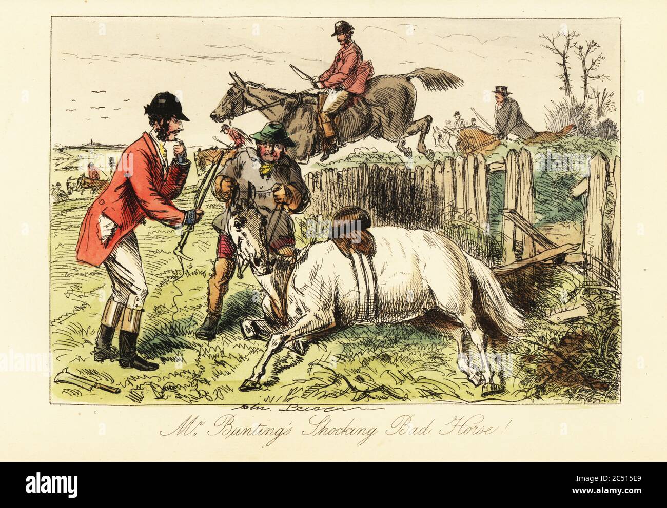 English gentleman with his fallen horse during a fox hunt, 19th century. Jack Bunting and a woodman in smock and boots try to raise the sick horse. Mr Bunting’s shocking bad horse. Handcoloured steel engraving after an illustration by John Leech from Robert Smith Surtees’ Plain or Ringlets?, Bradbury and Evans London, 1860. Leech (1817-1864) was an English caricaturist and illustrator best known for his work for Punch magazine. Stock Photo