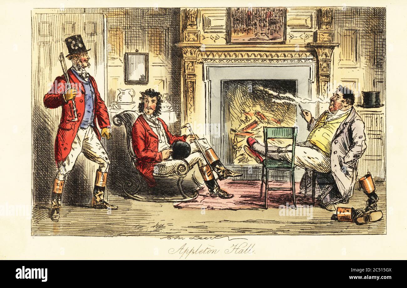 Fox hunters relaxing before a fire in a grand mansion after a hunt, 19th century. Jack Bunting sits in a rocking chair, Jug Boyston on two chairs, while a mud-splattered Jovey Jessop. Appleton Hall. Handcoloured steel engraving after an illustration by John Leech from Robert Smith Surtees’ Plain or Ringlets?, Bradbury and Evans London, 1860. Leech (1817-1864) was an English caricaturist and illustrator best known for his work for Punch magazine. Stock Photo