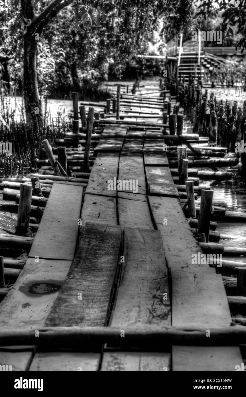 Long Wooden Pathway on Mudflats (in monochrome) Stock Photo