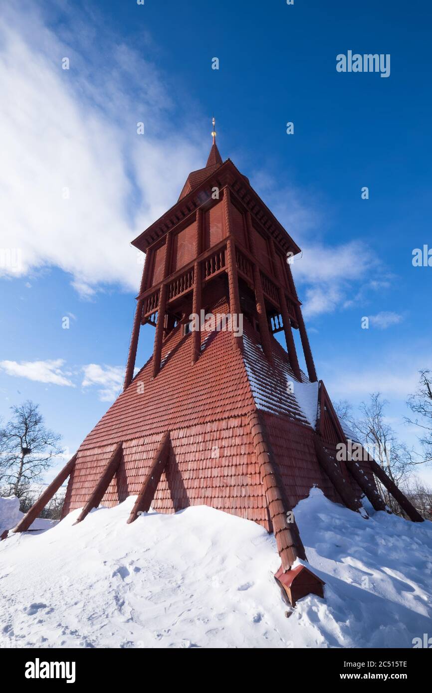 Kiruna Church is a church building in Kiruna, Sweden, and is one of Sweden's largest wooden buildings. Wide angle view Stock Photo
