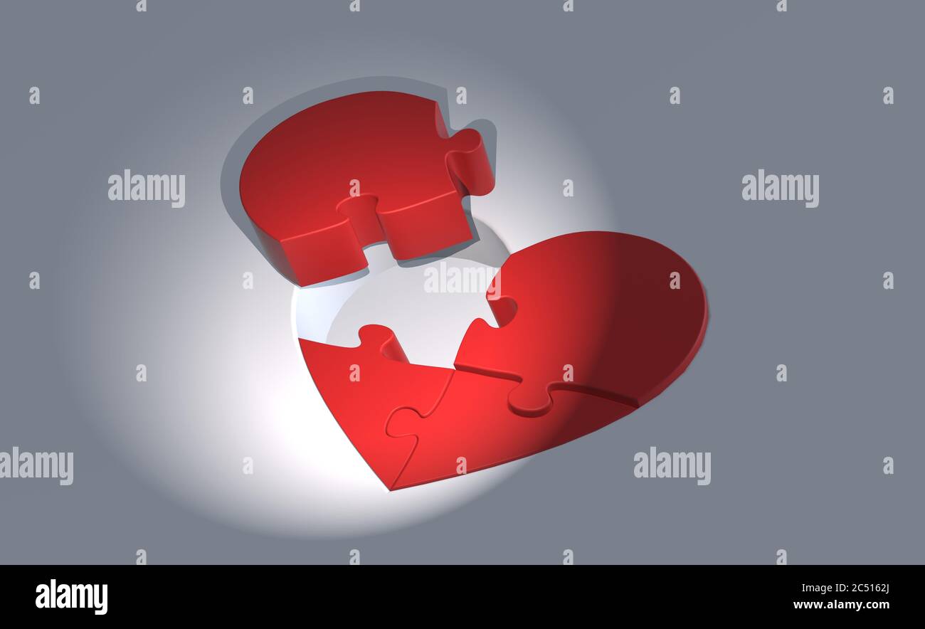 red heart puzzle with missing piece lying nearby - 3D-illustration Stock Photo