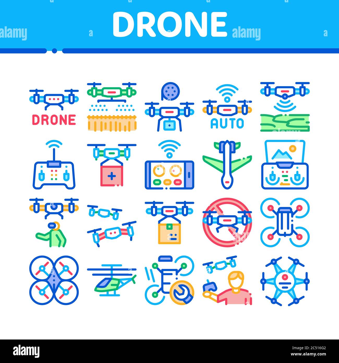 Drone Fly Quadrocopter Collection Icons Set Vector Stock Vector