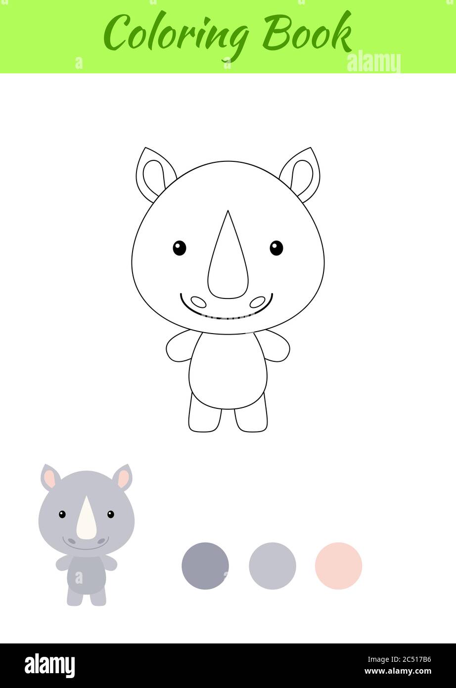 Coloring page happy little baby rhino. Coloring book for kids. Educational activity for preschool years kids and toddlers with cute animal. Stock Vector