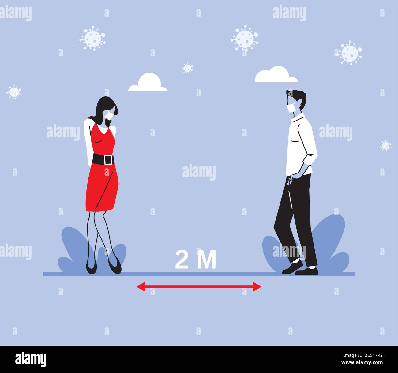 Social distancing between woman and man with masks design of Covid 19 ...