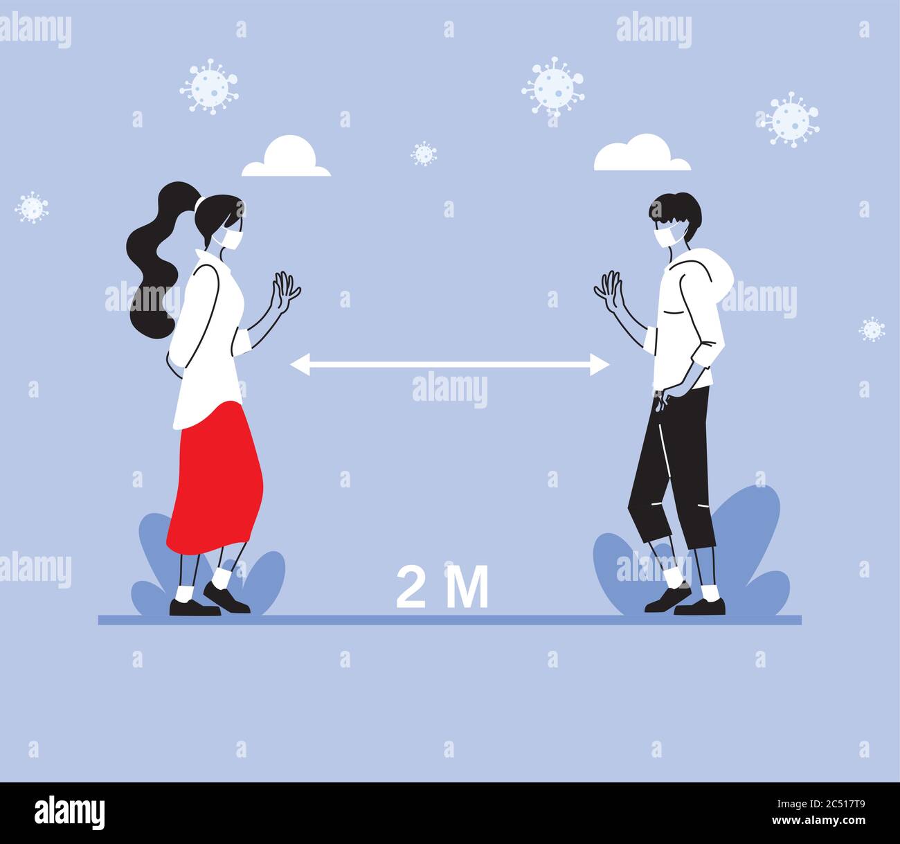 Social distancing between woman and man with masks design of Covid 19 ...