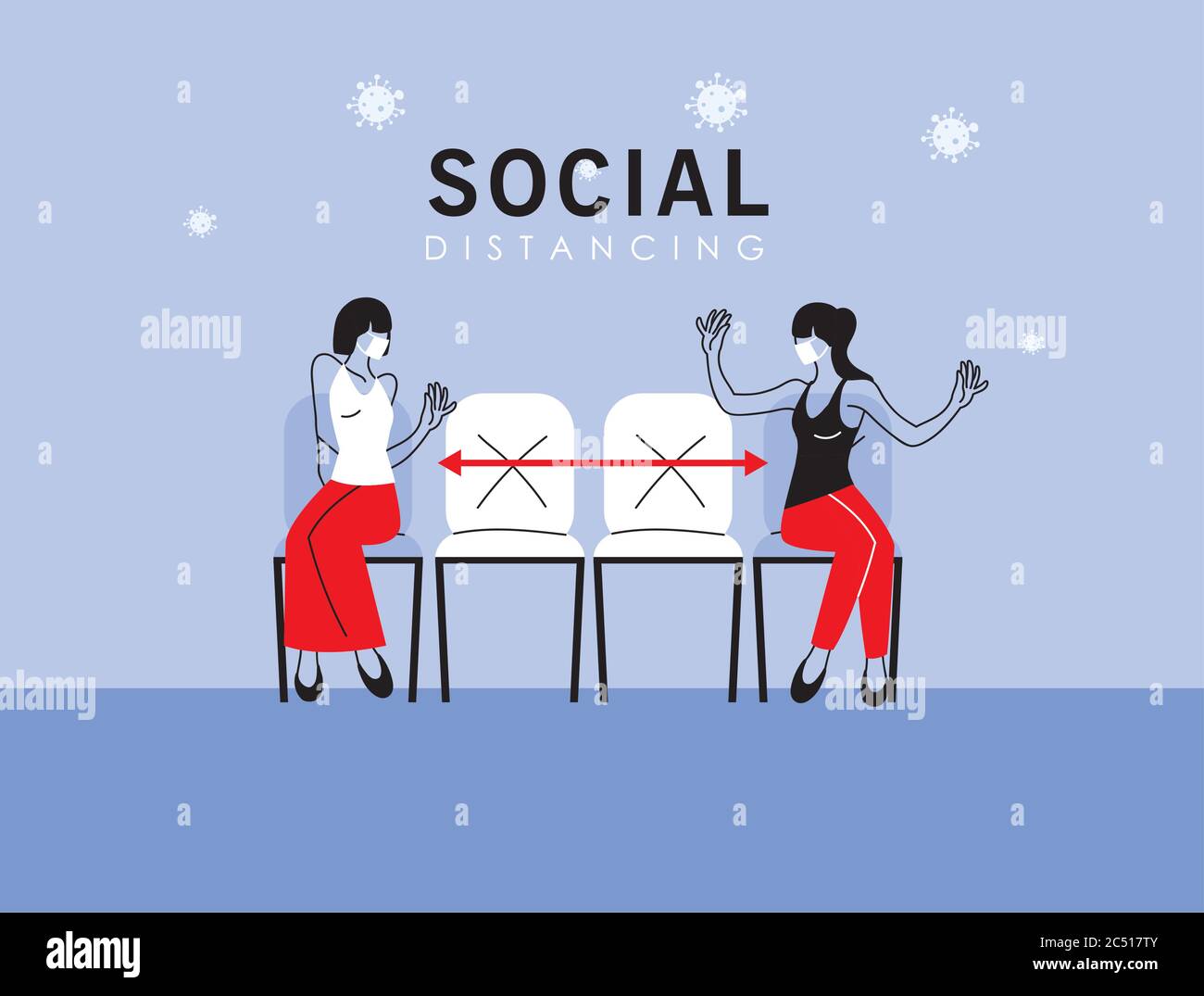 Social distancing between women with masks on chairs design of Covid 19 ...