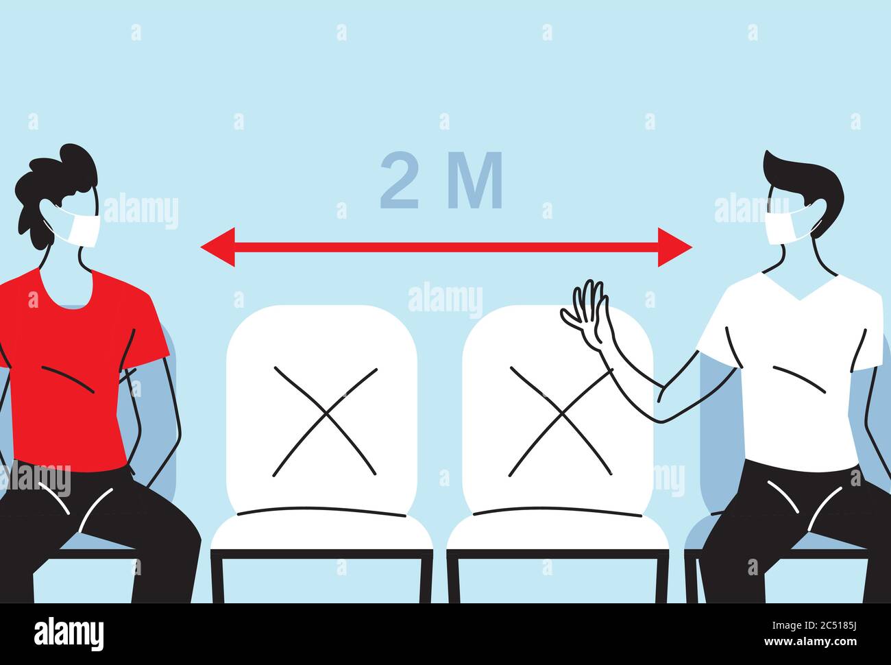 Social distancing between men with masks on chairs design of Covid 19 ...