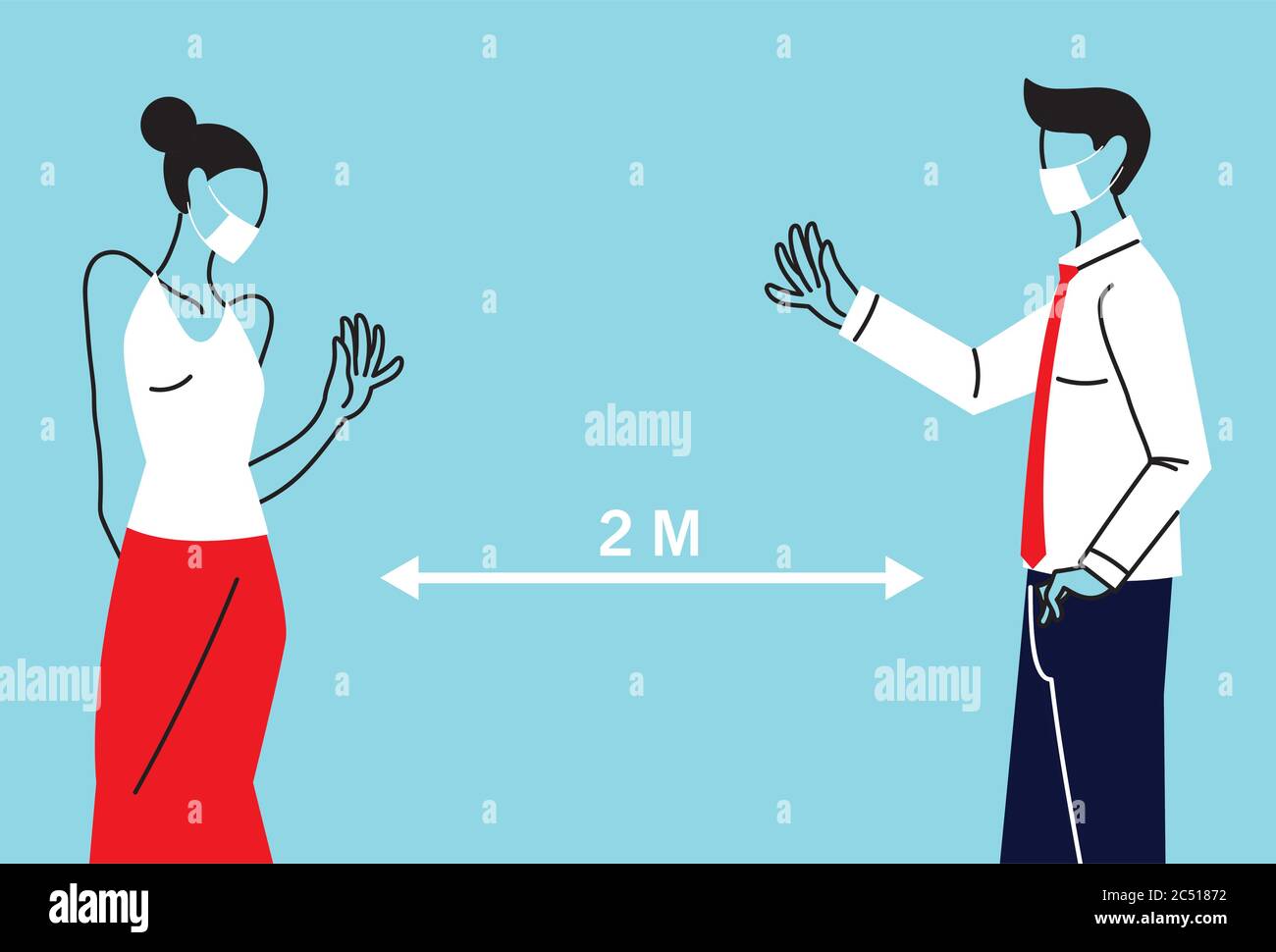 Social distancing between woman and man with masks design of Covid 19 ...
