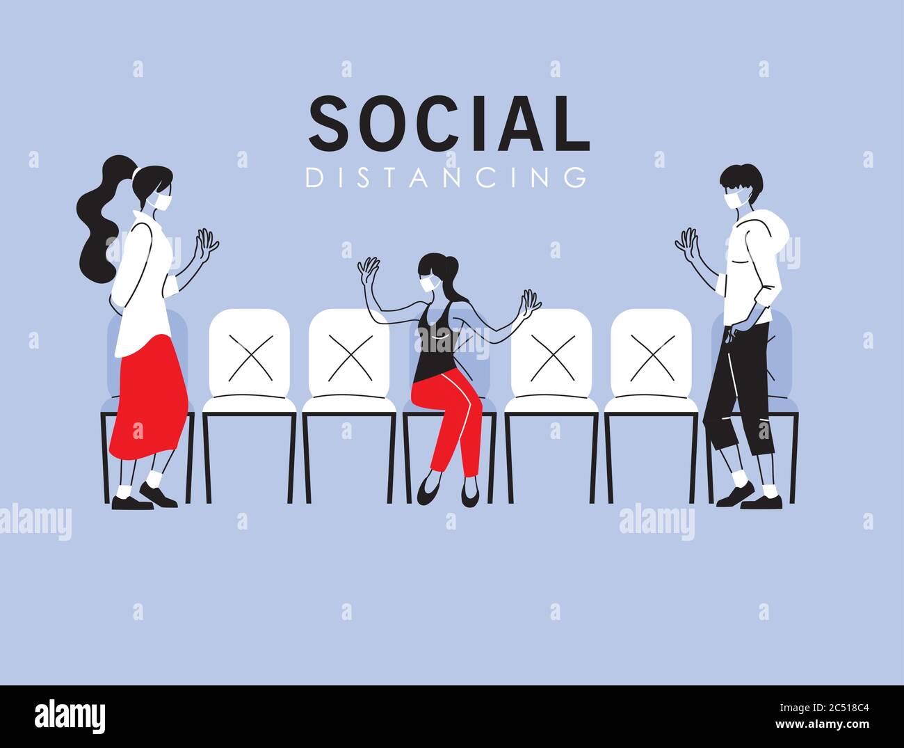 Social distancing between women and man with masks on chairs design of ...