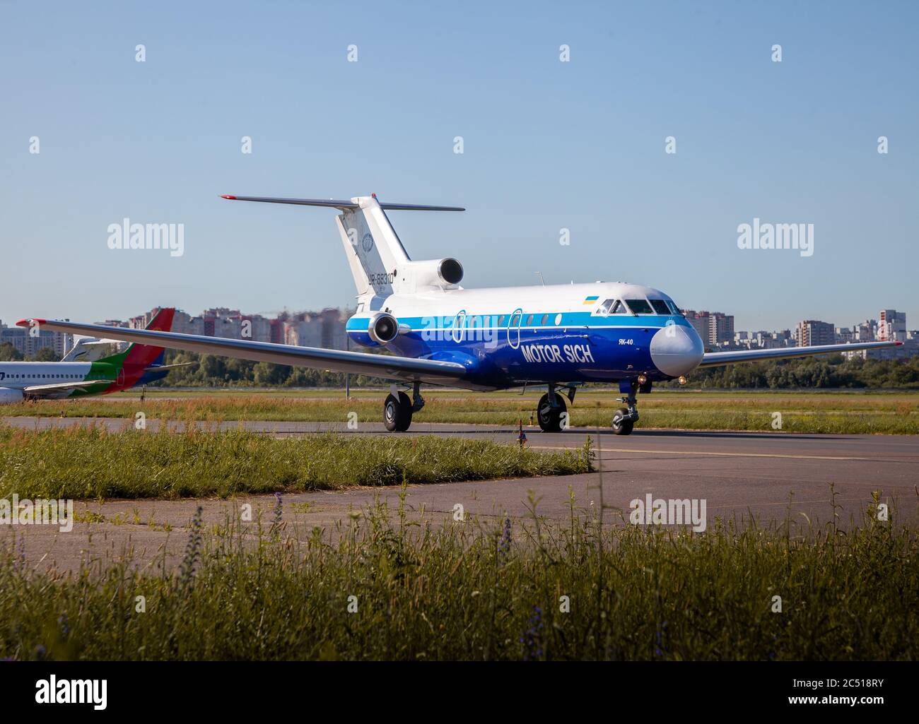 Kyiv, Ukraine - June 27, 2020: Aircraft Yakovlev Yak-40, Motor Sich Airlines. Plane UR-88310. Plane YK40 at the runway. Ukrainian plane of the times Stock Photo