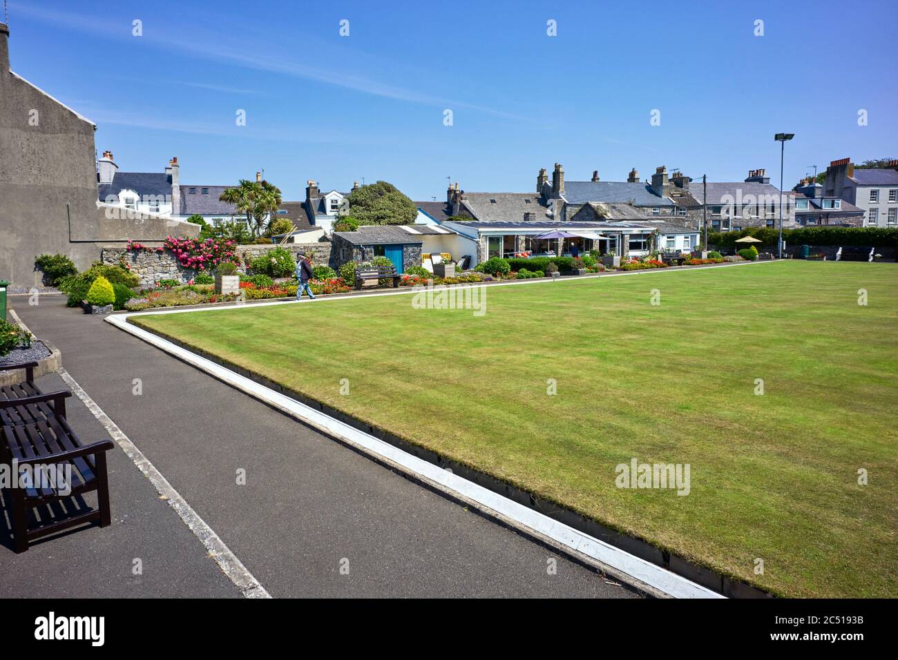 The bowling green and cafe at Castletown, Isle of Man Stock Photo