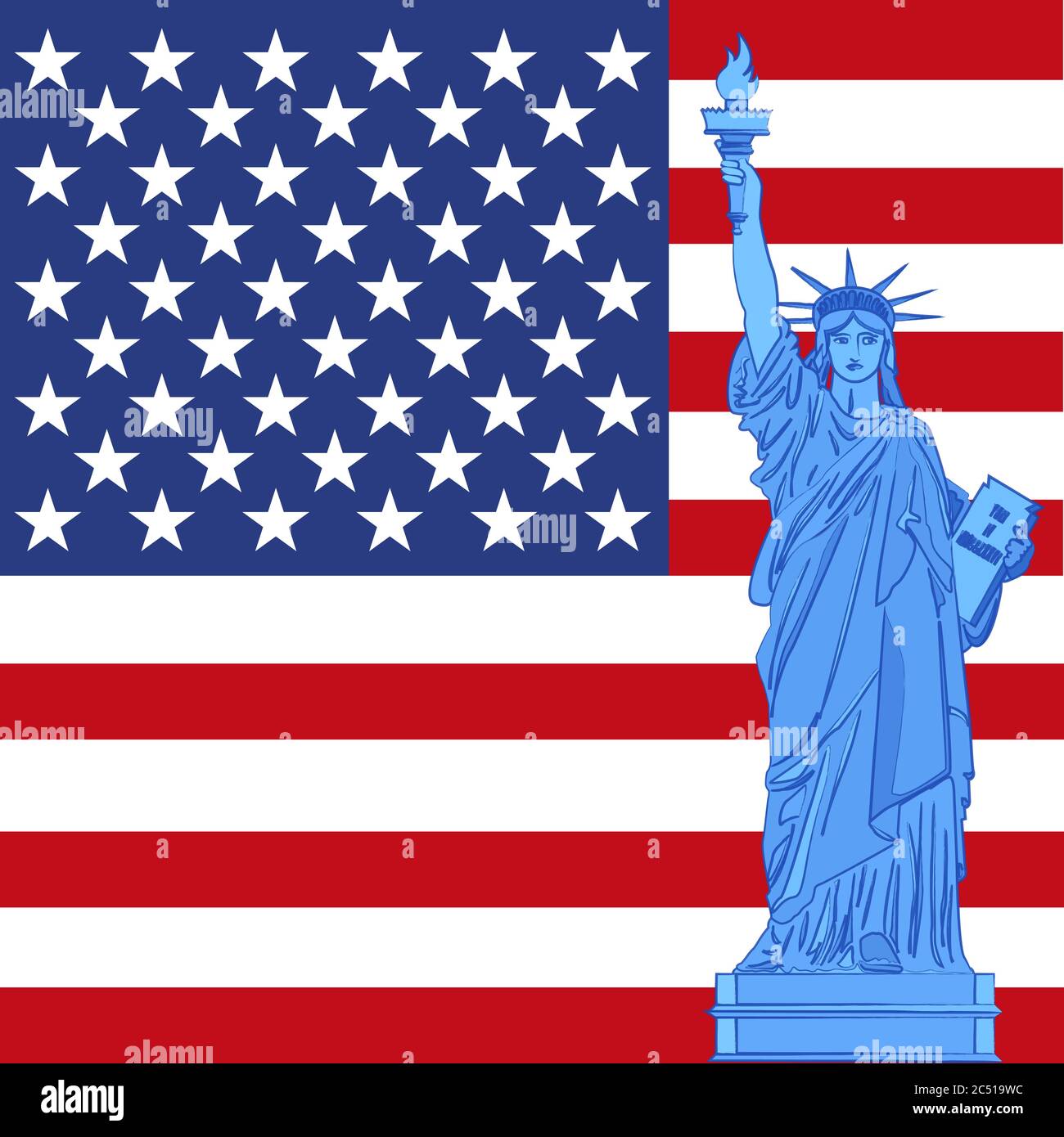Statue of Liberty on background with American flag, United States ...