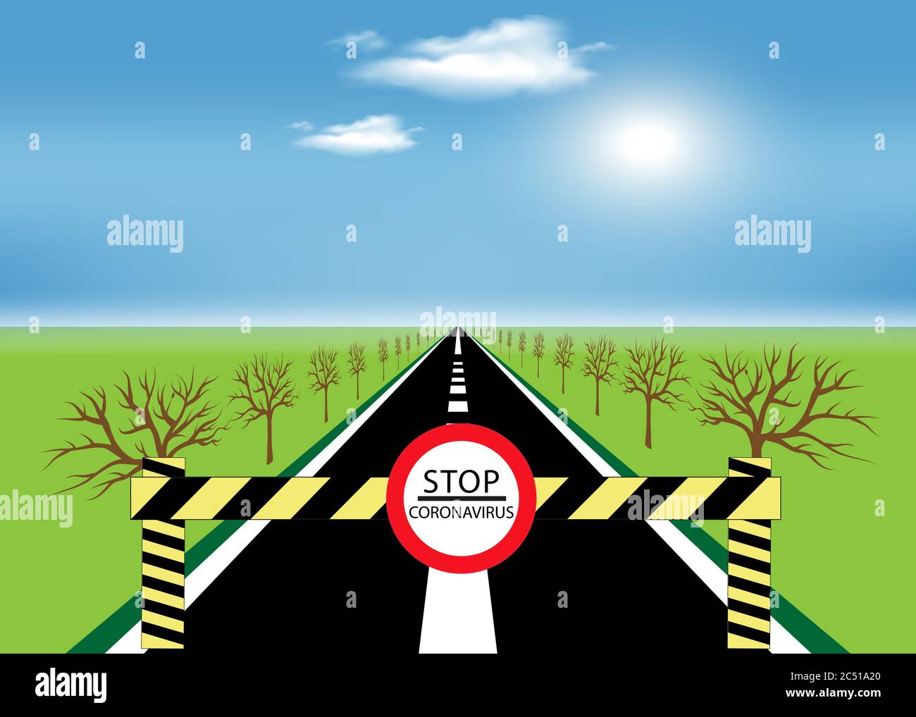 The road is closed due to coronavirus spread. Highway against the backdrop of the rising sun among meadows disappearing over the horizon Stock Vector