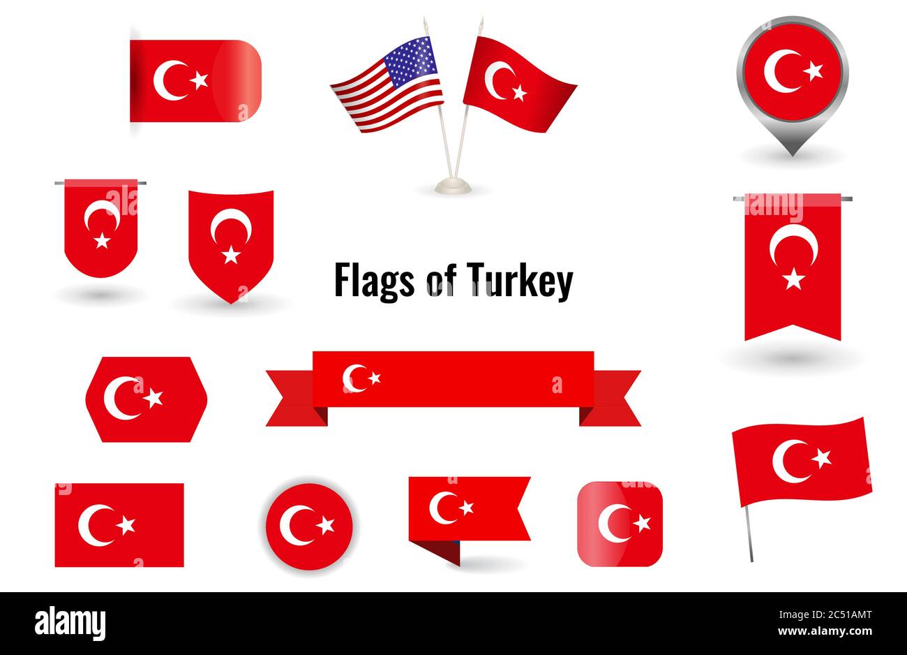 The Flag of Turkey. Big set of icons and symbols. Square and round Turkey flag. Collection of different flags of horizontal and vertical. Stock Vector