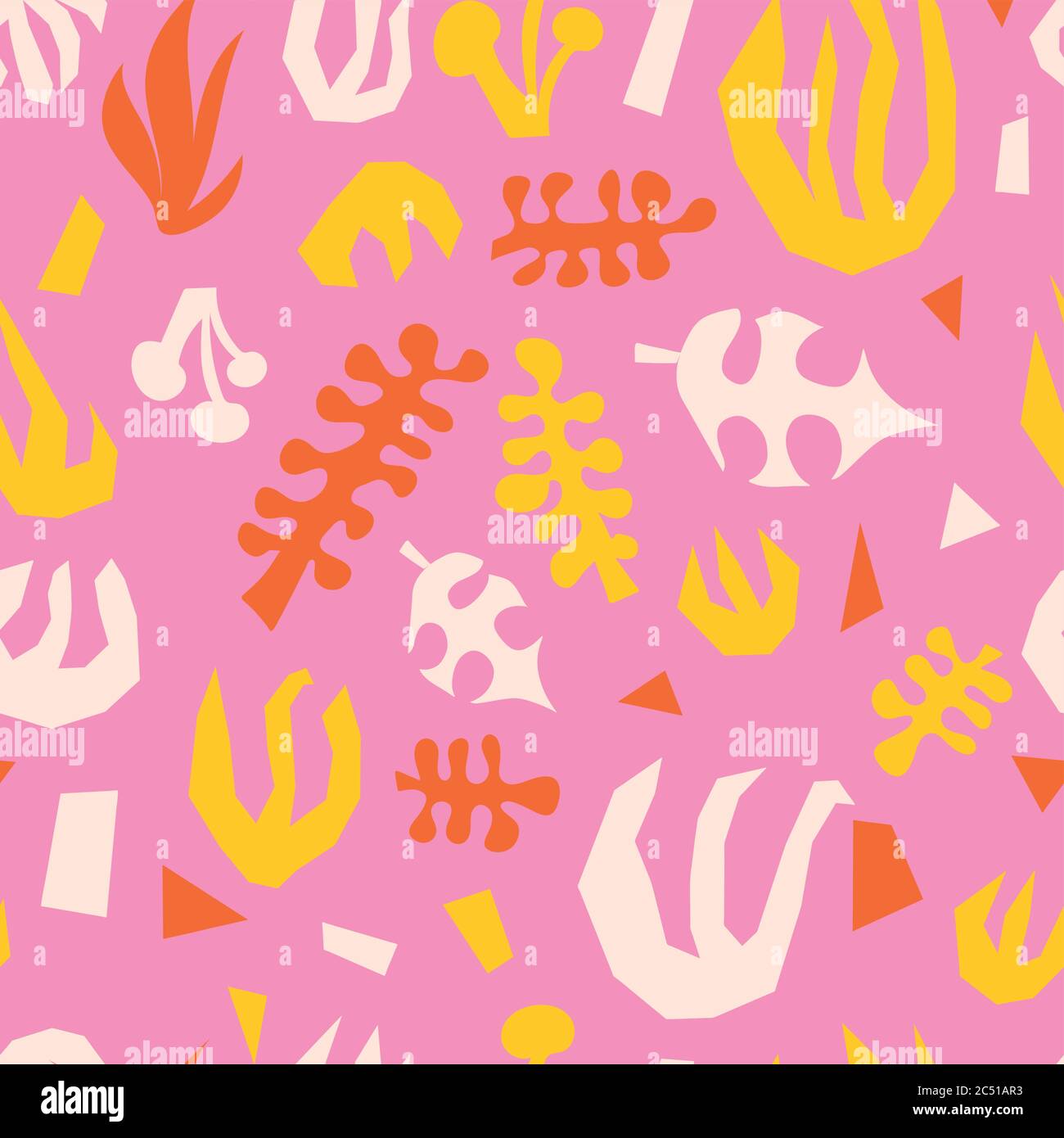 Abstract plants summer collage seamless vector pattern pink yellow orange. Contemporary minimalistic leave shapes background.  Stock Vector