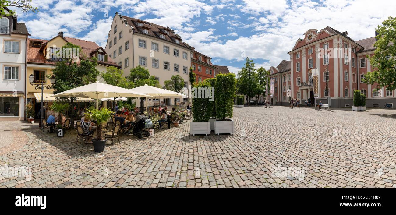 Meersburg, BW / Germany - 22 June 2020: tourists enjoying a day in Meersburg on Lake Constance in the restaurants at the Schlossplatz Square Stock Photo