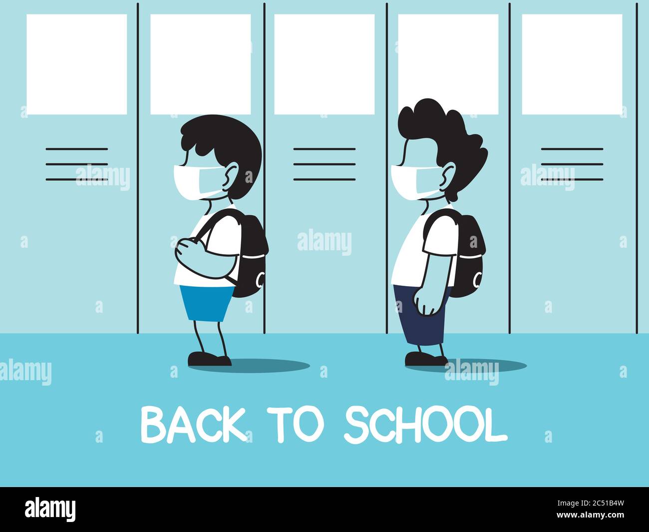 back to school, group of kids wearing face mask and social distancing ...