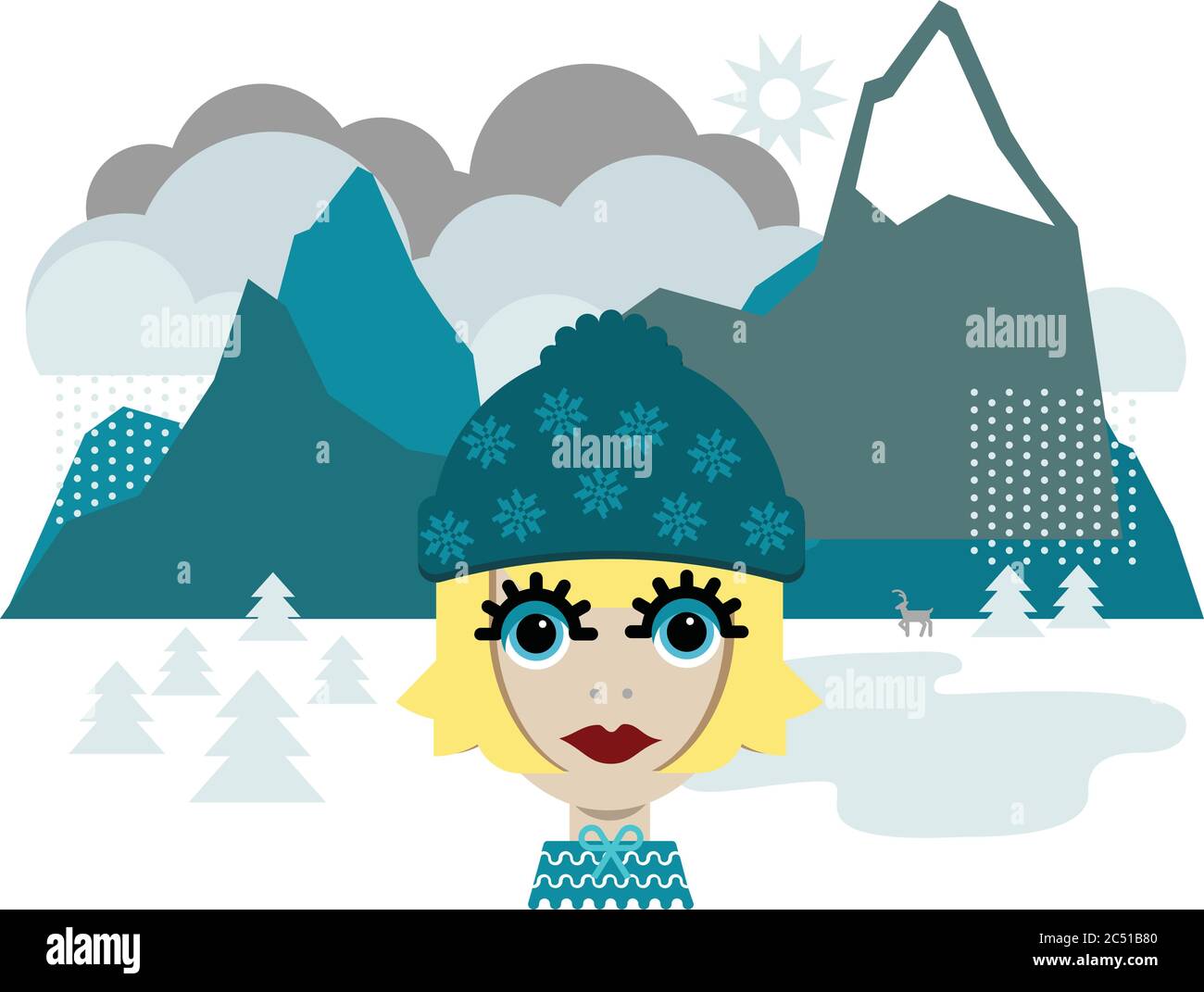 Blonde woman wearing a hat walking in the snow with mountains and snow falling Stock Vector