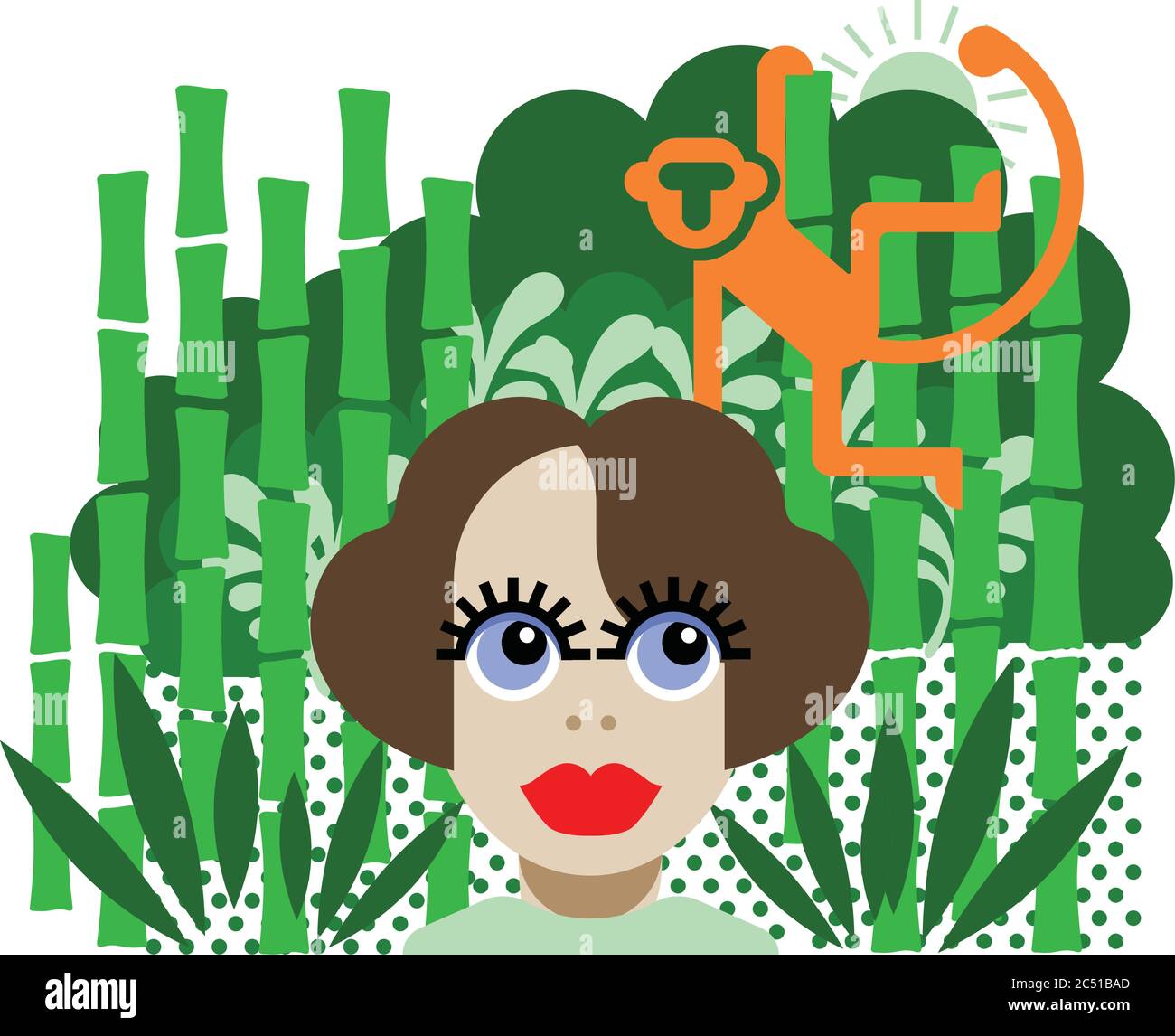Woman walking through a bamboo forest looking at a monkey Stock Vector