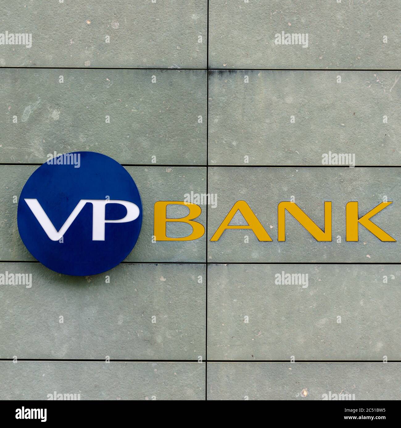 Vaduz, FL / Liechtenstein - 16 June 2020: close up view of the VP Bank logo at the headquarters in Vaduz in Liechtenstein Stock Photo