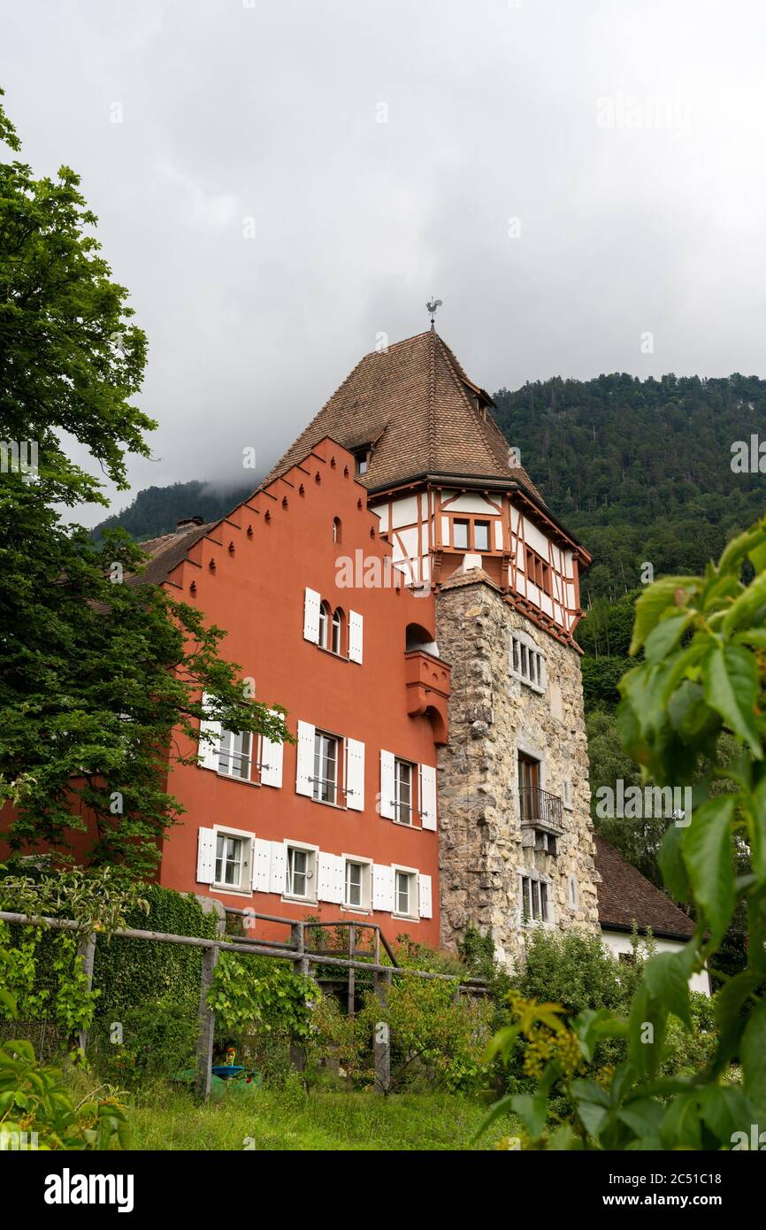 Vaduz, FL / Liechtenstein 16 June 2020 vertical view of the historic 13thcentury Red House