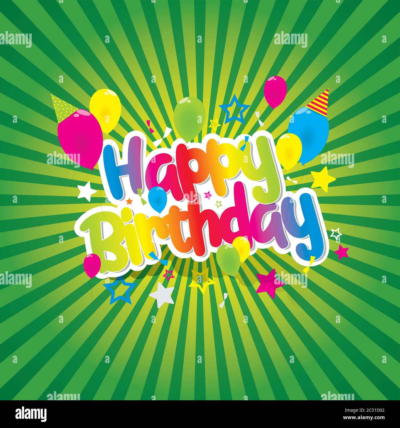 Happy birthday greeting card with rainbow text vector illustration