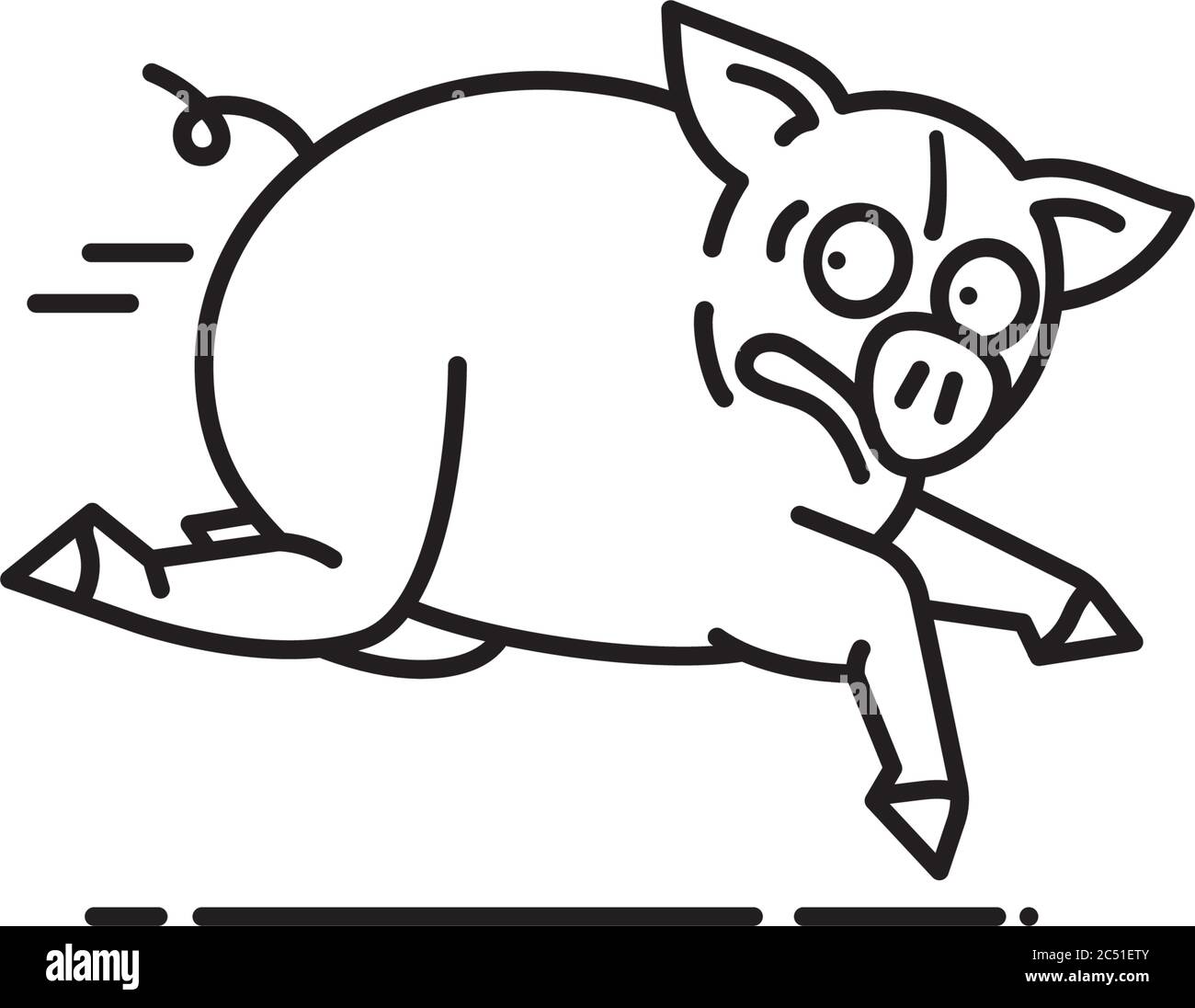 Pig on the run cartoon character vector line icon. Fugitive farm animal outline symbol. Stock Vector