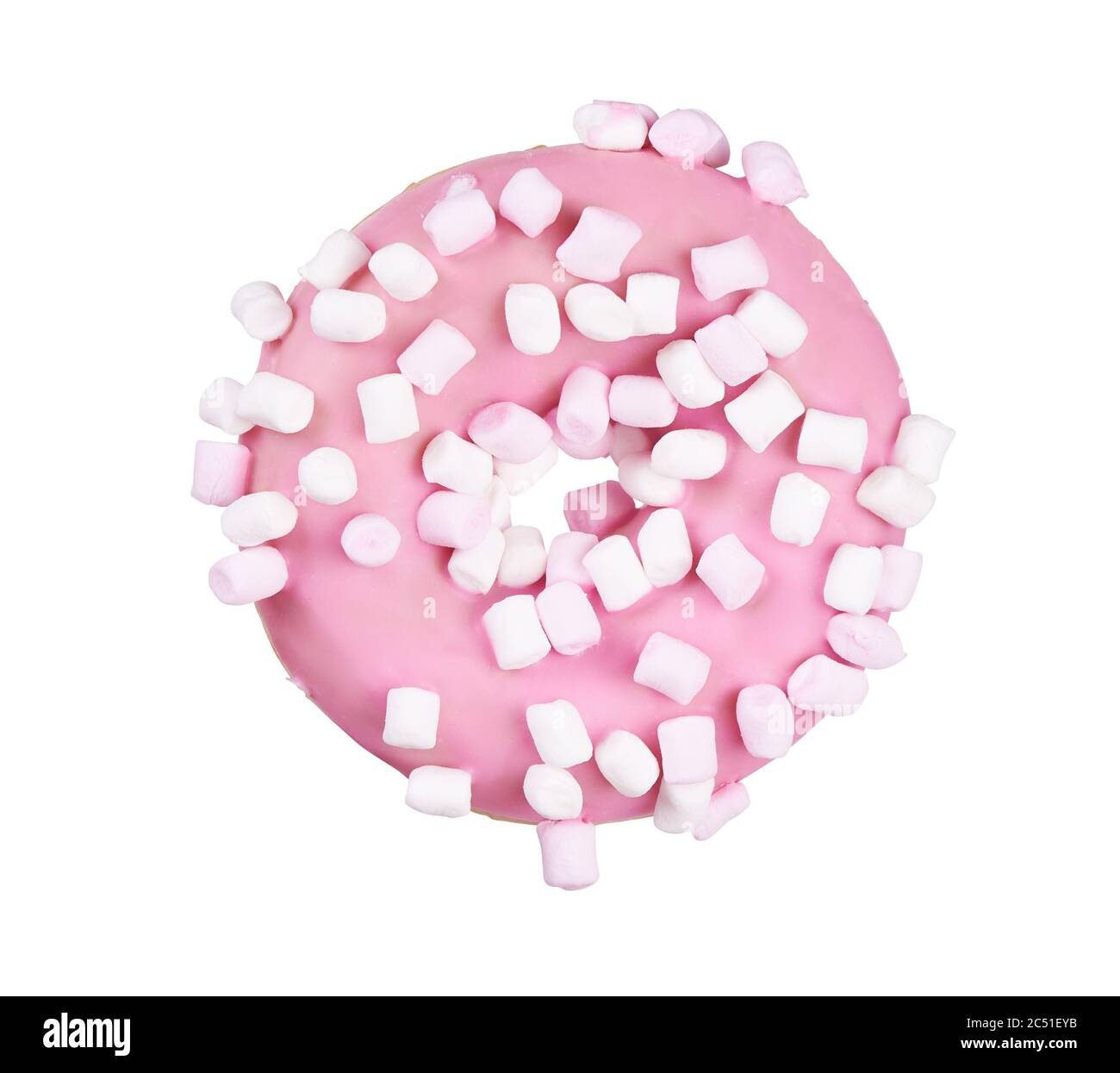 Pink strawberry donut with marshmallows. doughnut isolated on white. Clipping path Stock Photo
