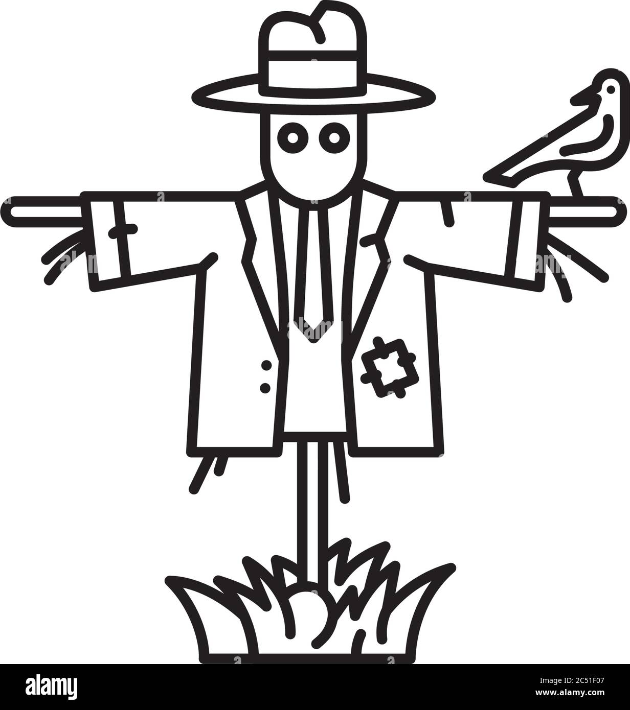 Scarecrow with crow vector line icon. Stock Vector