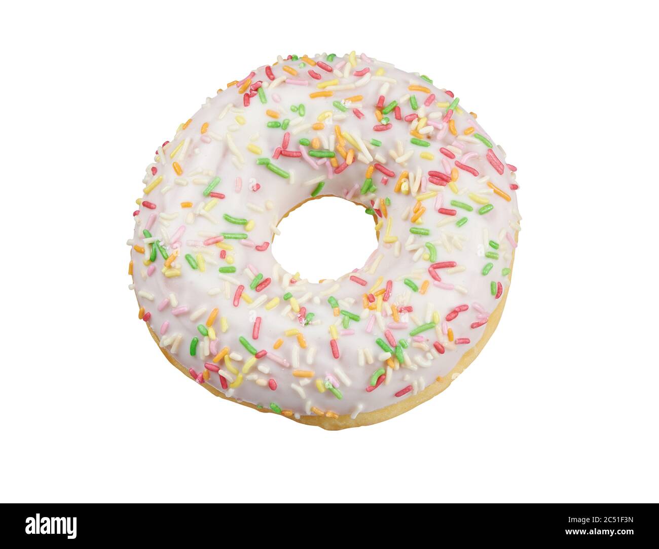 glazed round donut with sprinkles isolated on white background. Top view Stock Photo