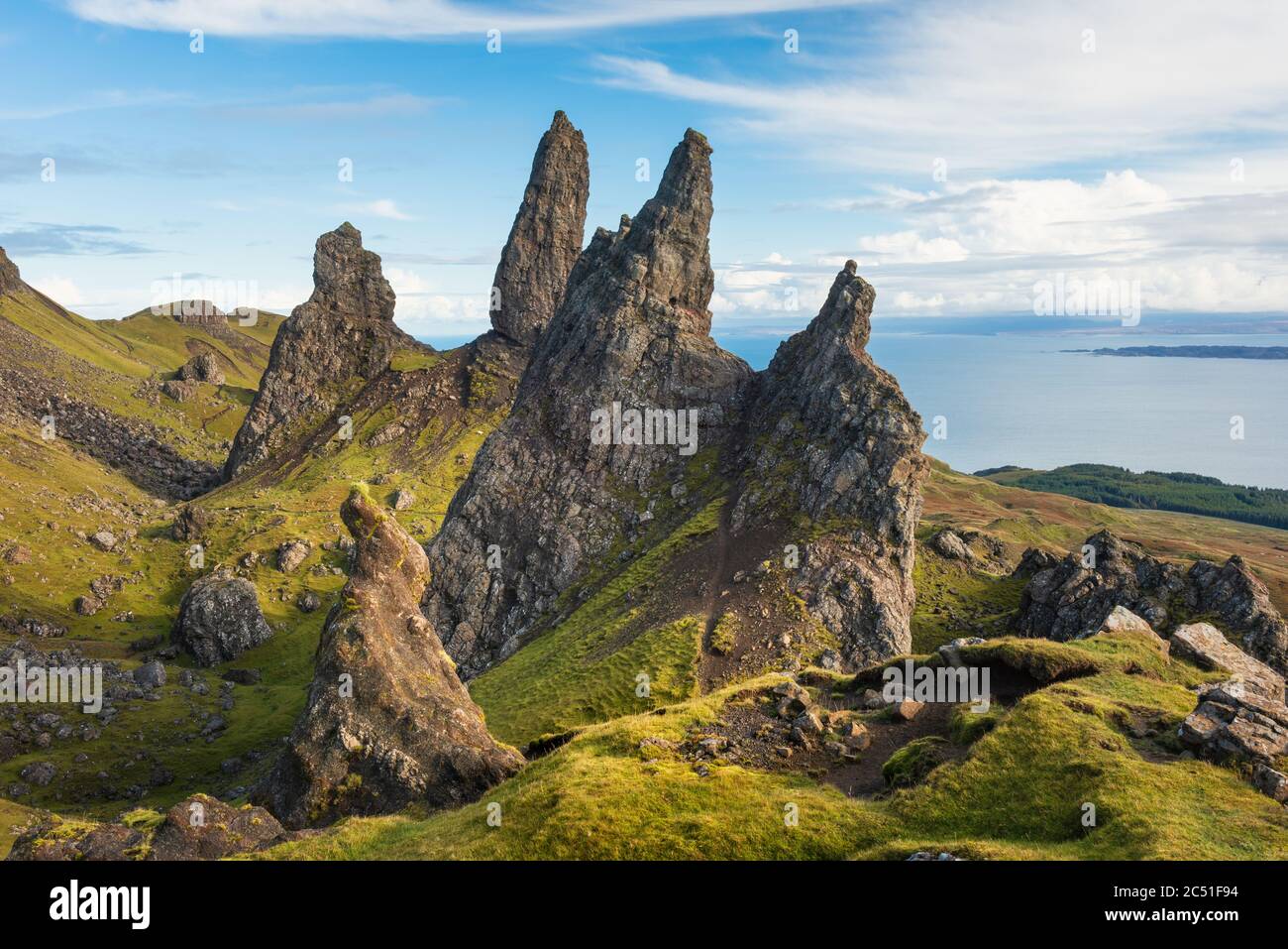 The pinnacles of the Storr landscape in Trotternish on the Isle of Skye off the coast of the North West Scottish Highlands Stock Photo