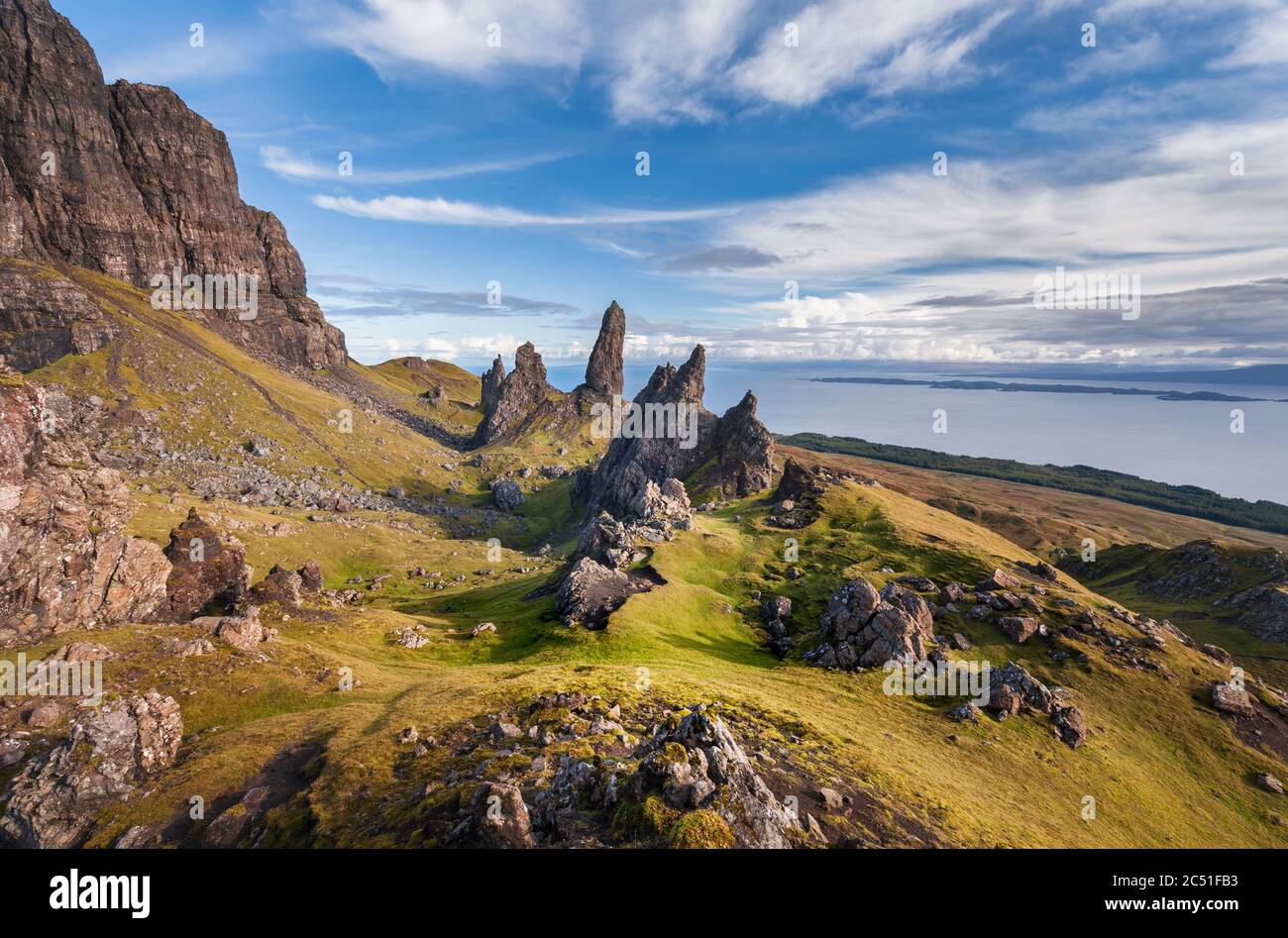 The pinnacles of the Storr landscape in Trotternish on the Isle of Skye off the coast of the North West Scottish Highlands Stock Photo