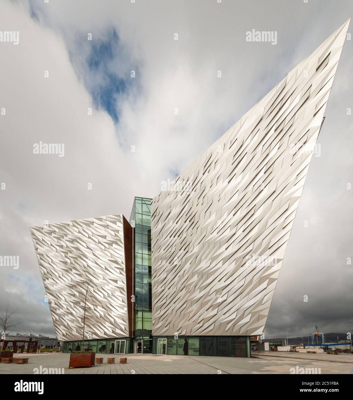 Striking modern architecture as displayed in the angular design of the Titanic Belfast museum building in Northern Ireland. Stock Photo