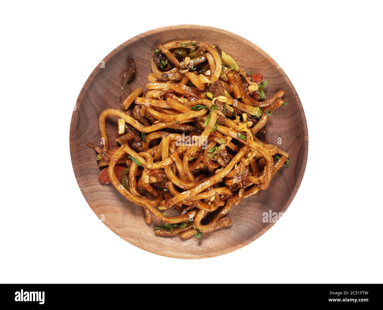 udon noodles on a plate top view with clipping path. Wheat pasta made in thick strips. Japanese
